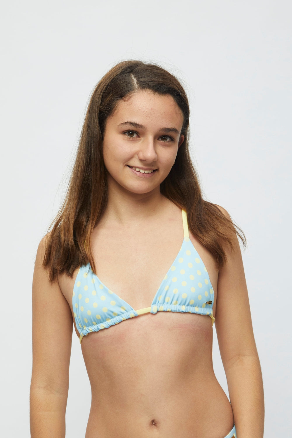 Top Gramas Teens Lunares Celeste reversible a amarillo pastel